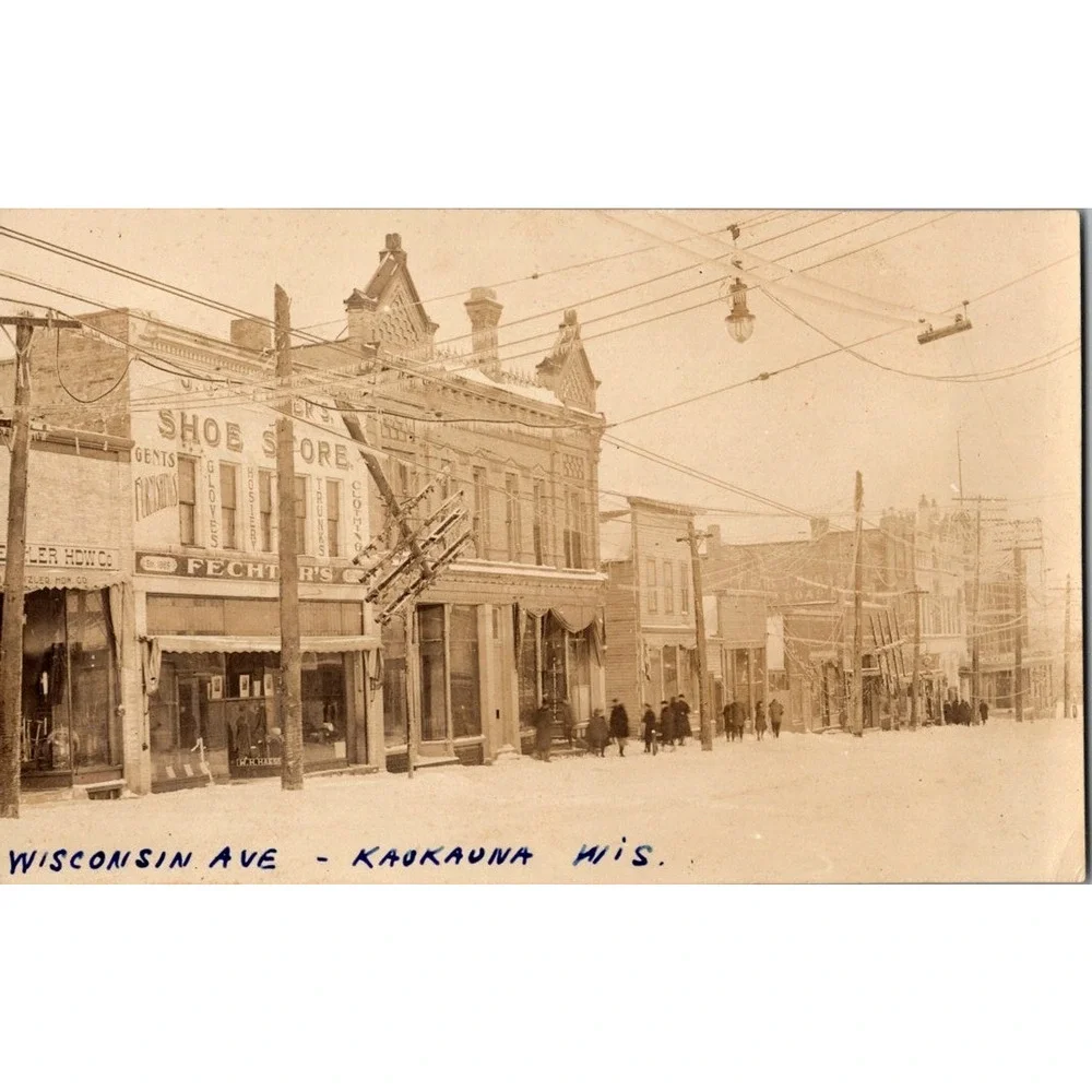 RPPC c1922 Ice Storm Utility Poles Broken Wisconsin Ave Kaukauna WI Shoe Store